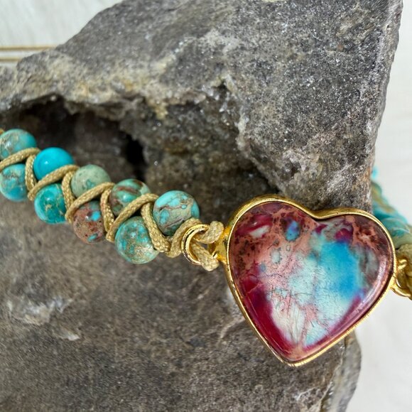 Natural Turquoise Stone Beaded Bracelet Jasper Gemstone Heart Charm Bracelet - Picture 3 of 7